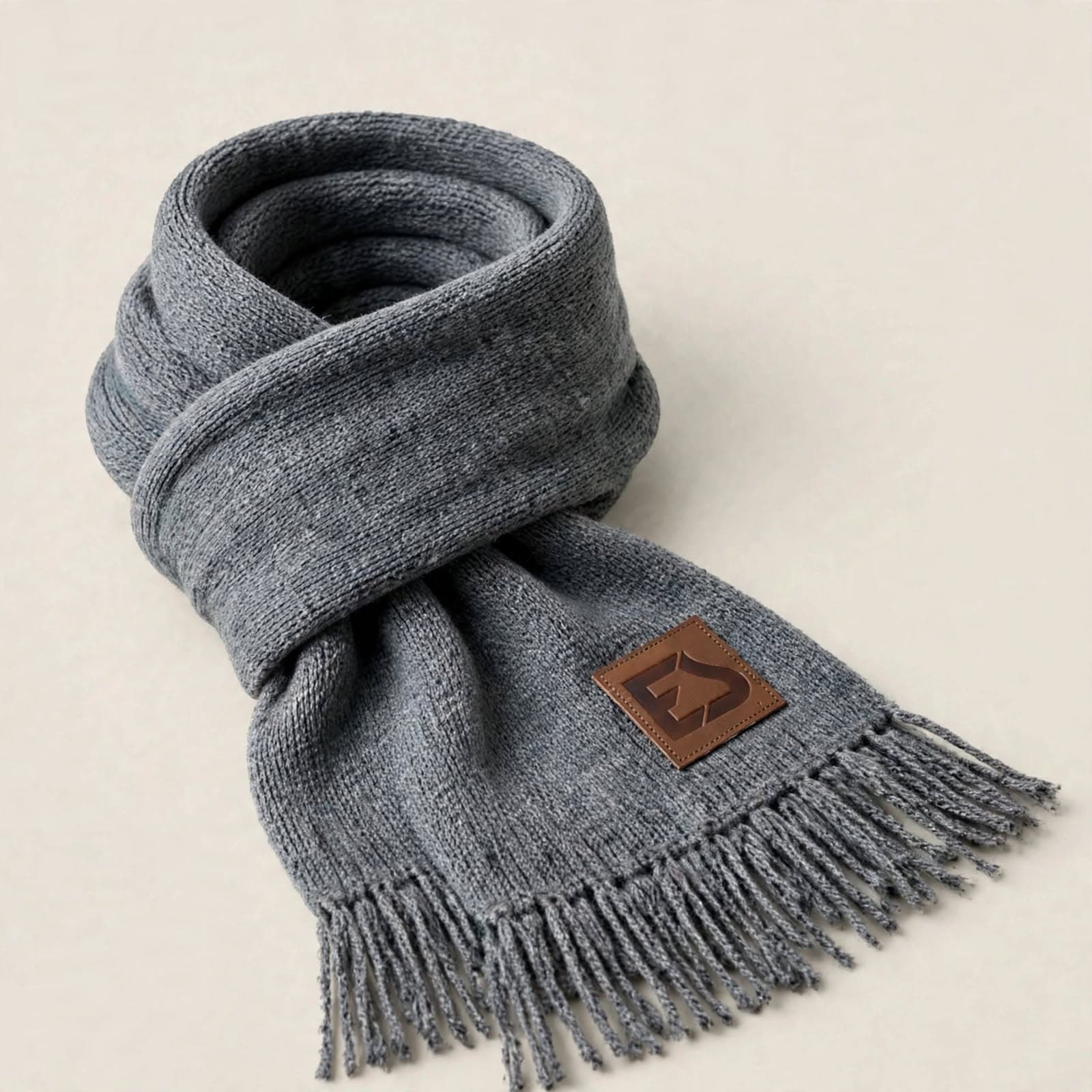 Grey knitted scarf with a leather patch