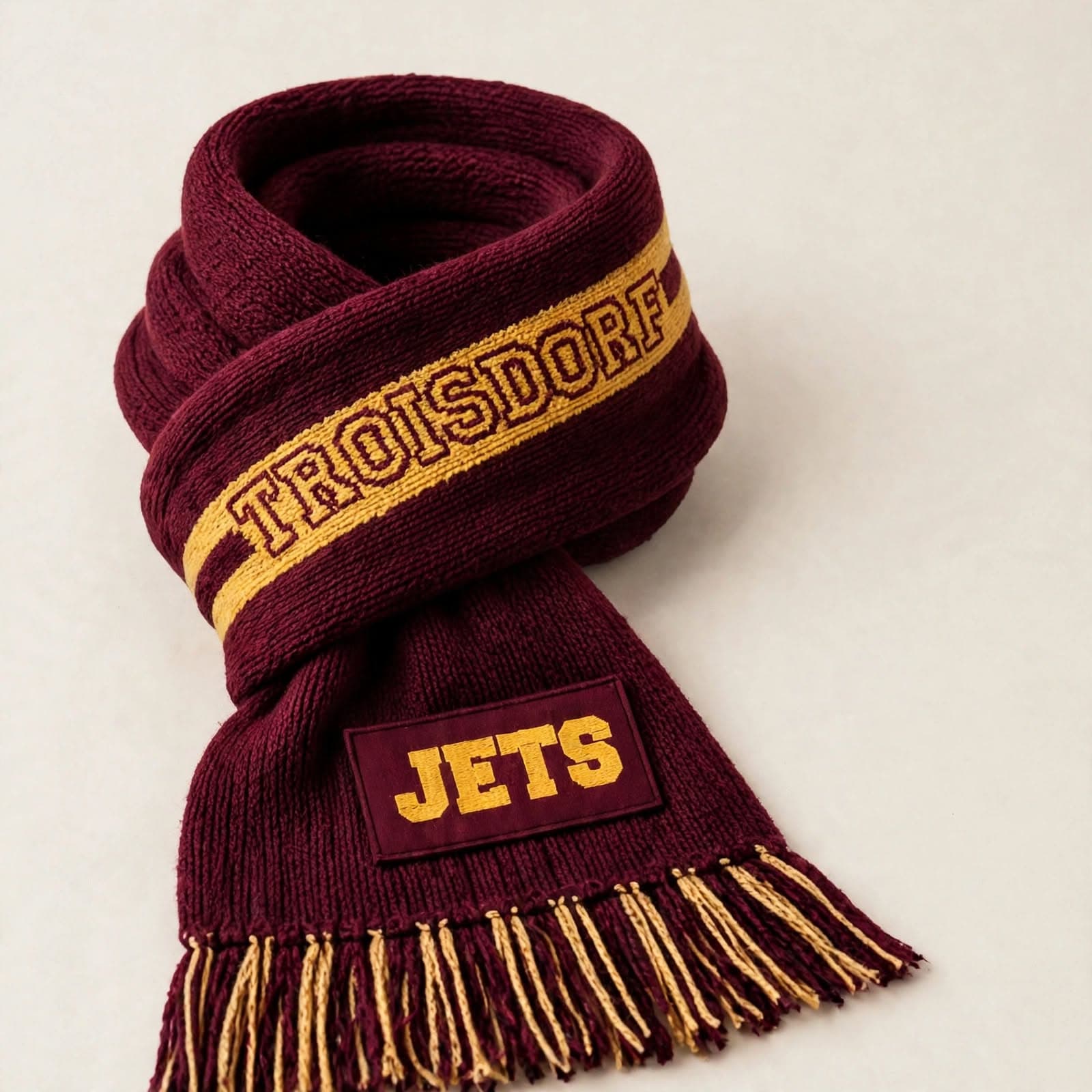 Burgundy and gold Troisdorf Jets jacquard fan scarf