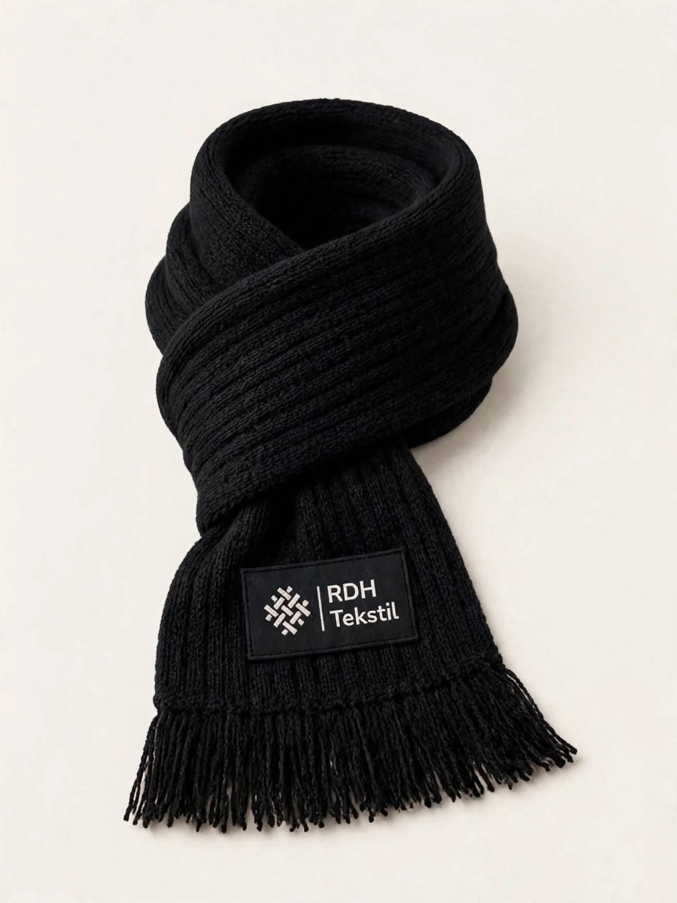 Black ribbed RDH scarf with fringe