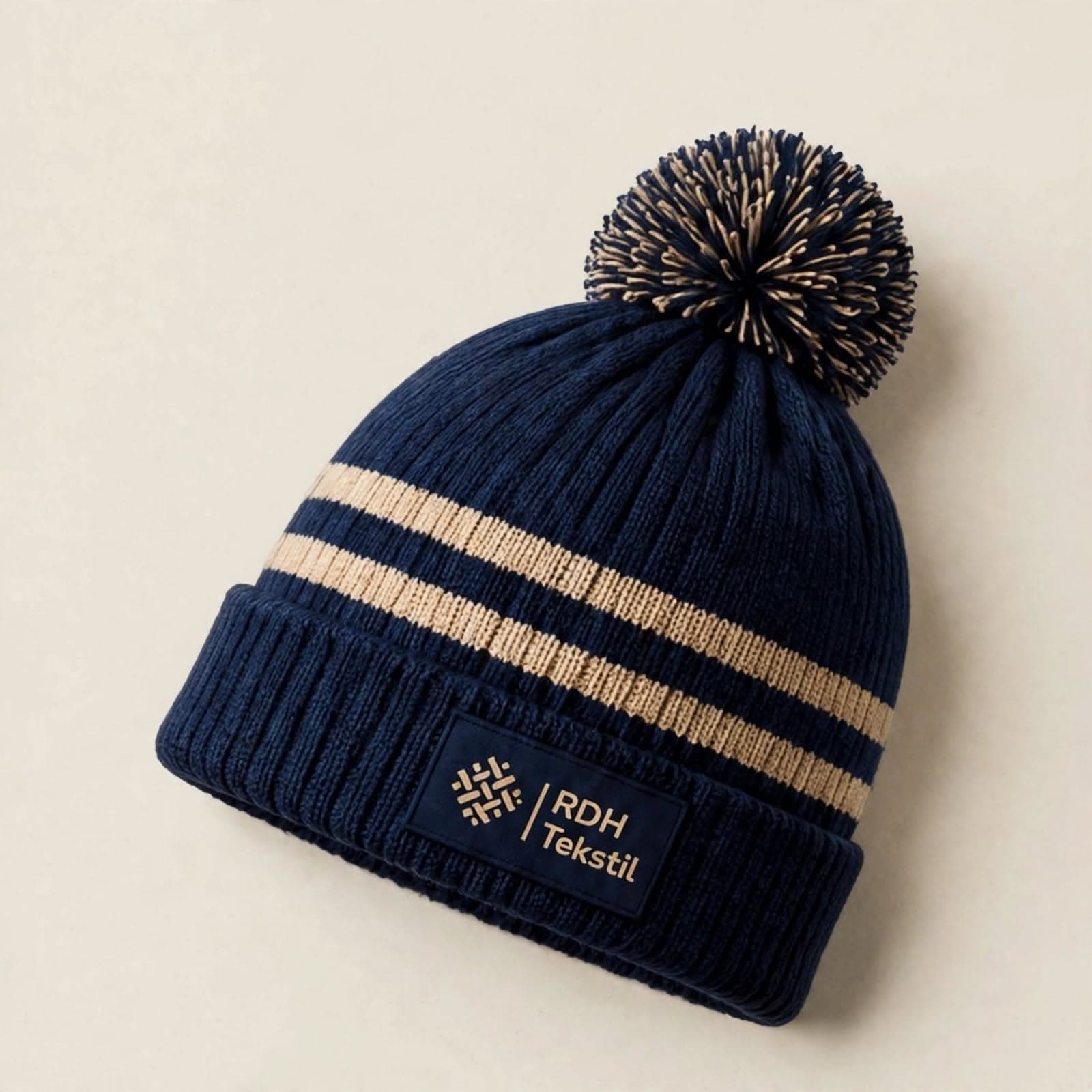 Navy RDH Tekstil pompom beanie with gold stripes