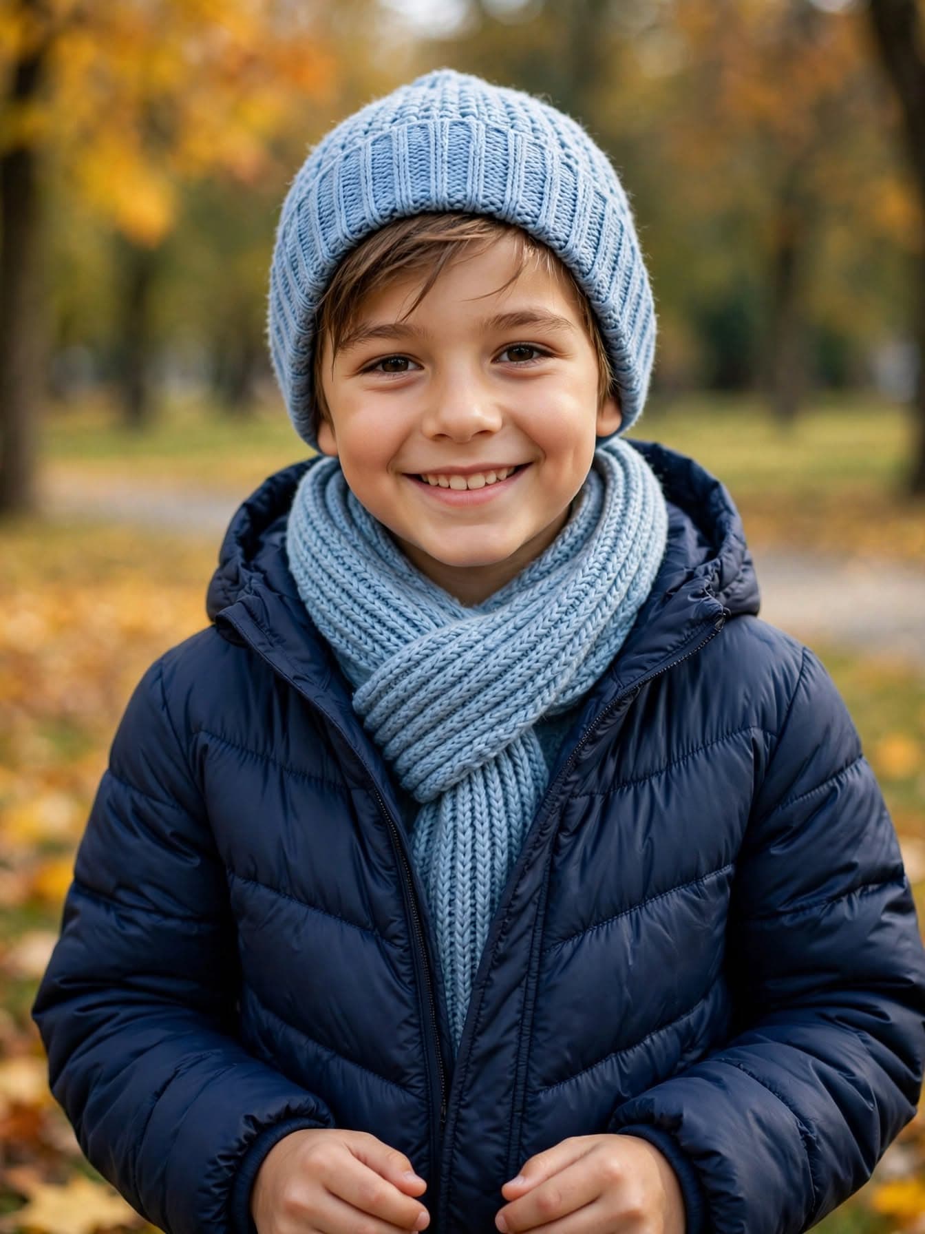 A smiling child wearing a light blue knitted beanie and scarf