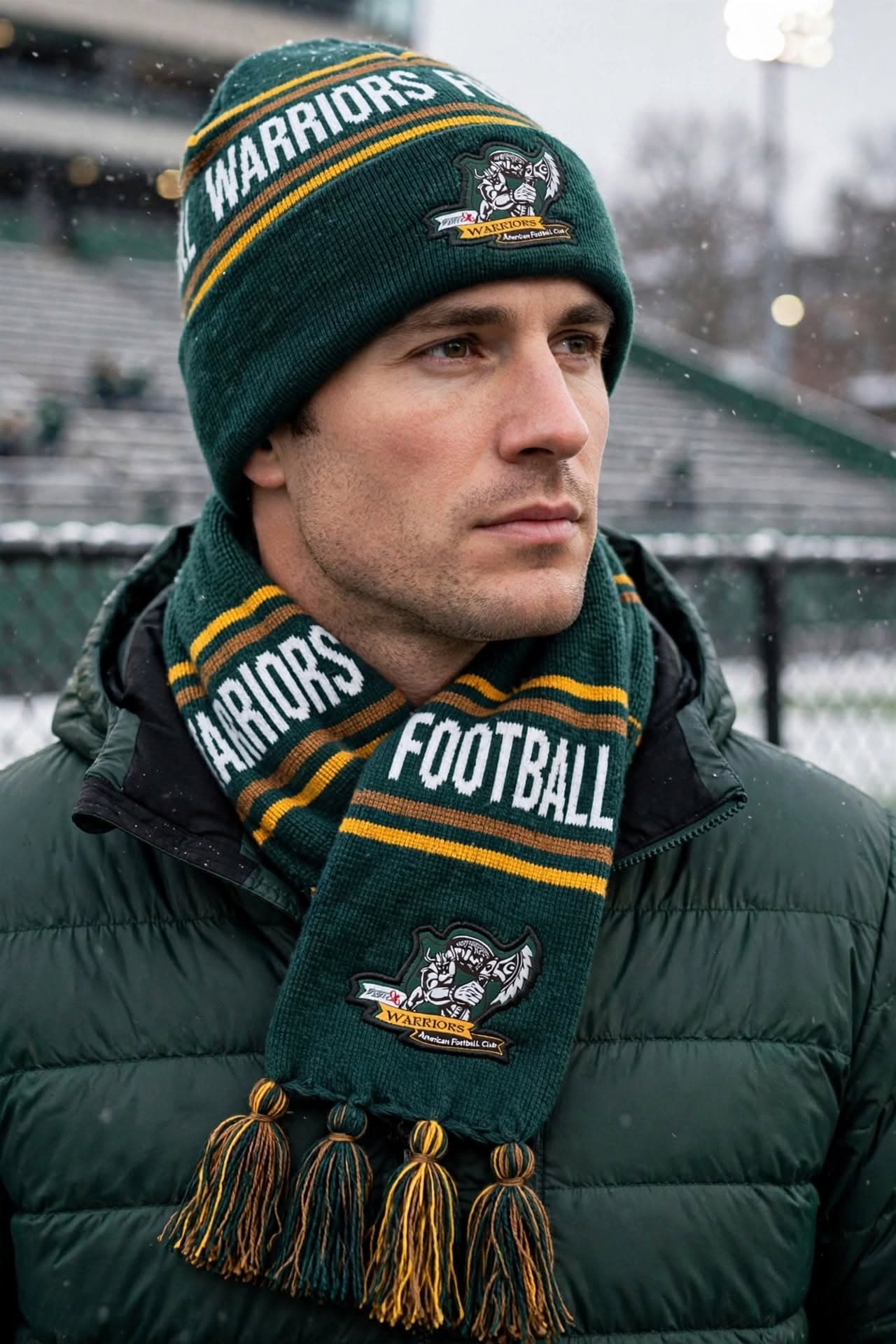 A supporter at the stadium in a Warriors Football beanie and scarf