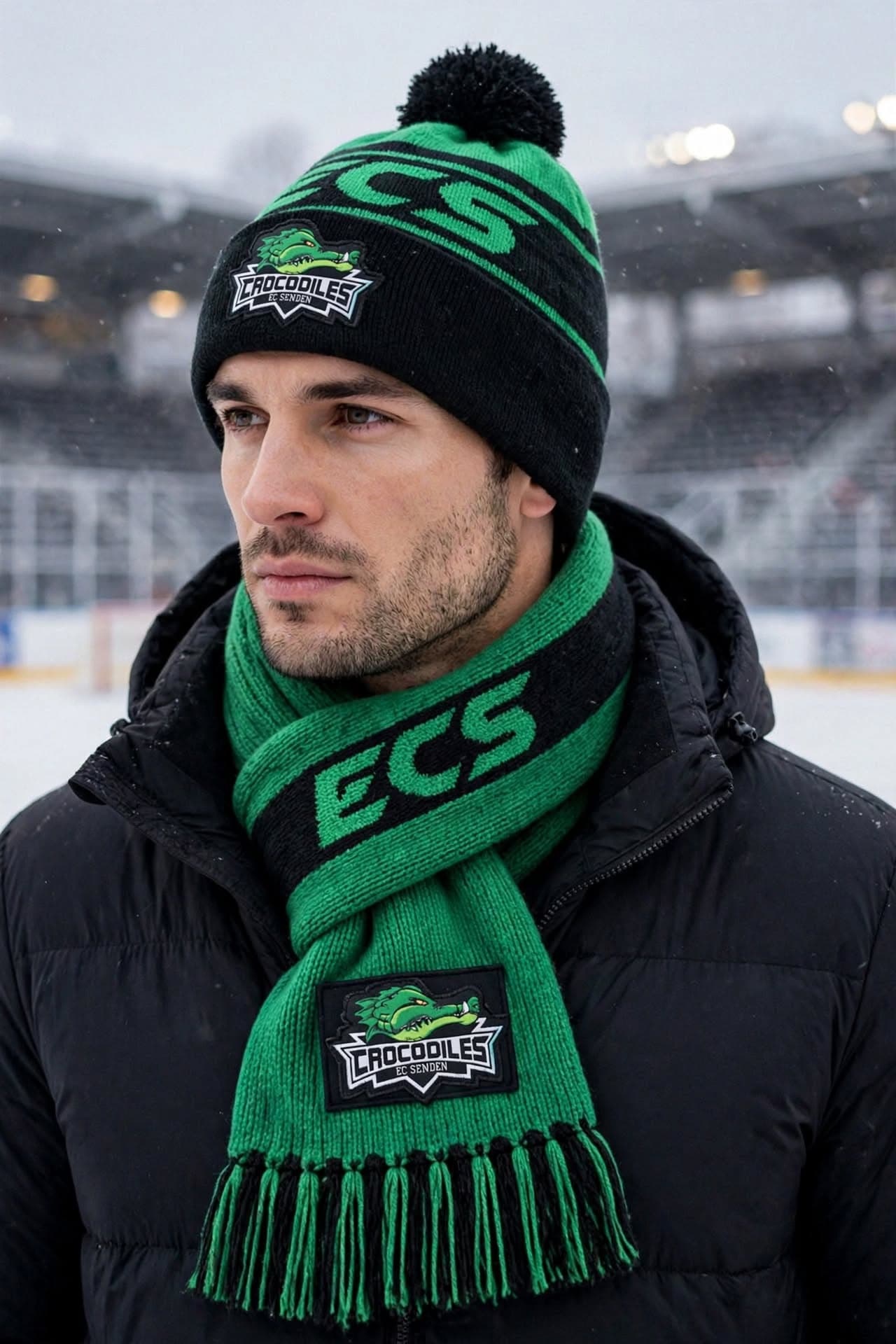 A fan in the stands wearing an ECS Crocodiles beanie and scarf