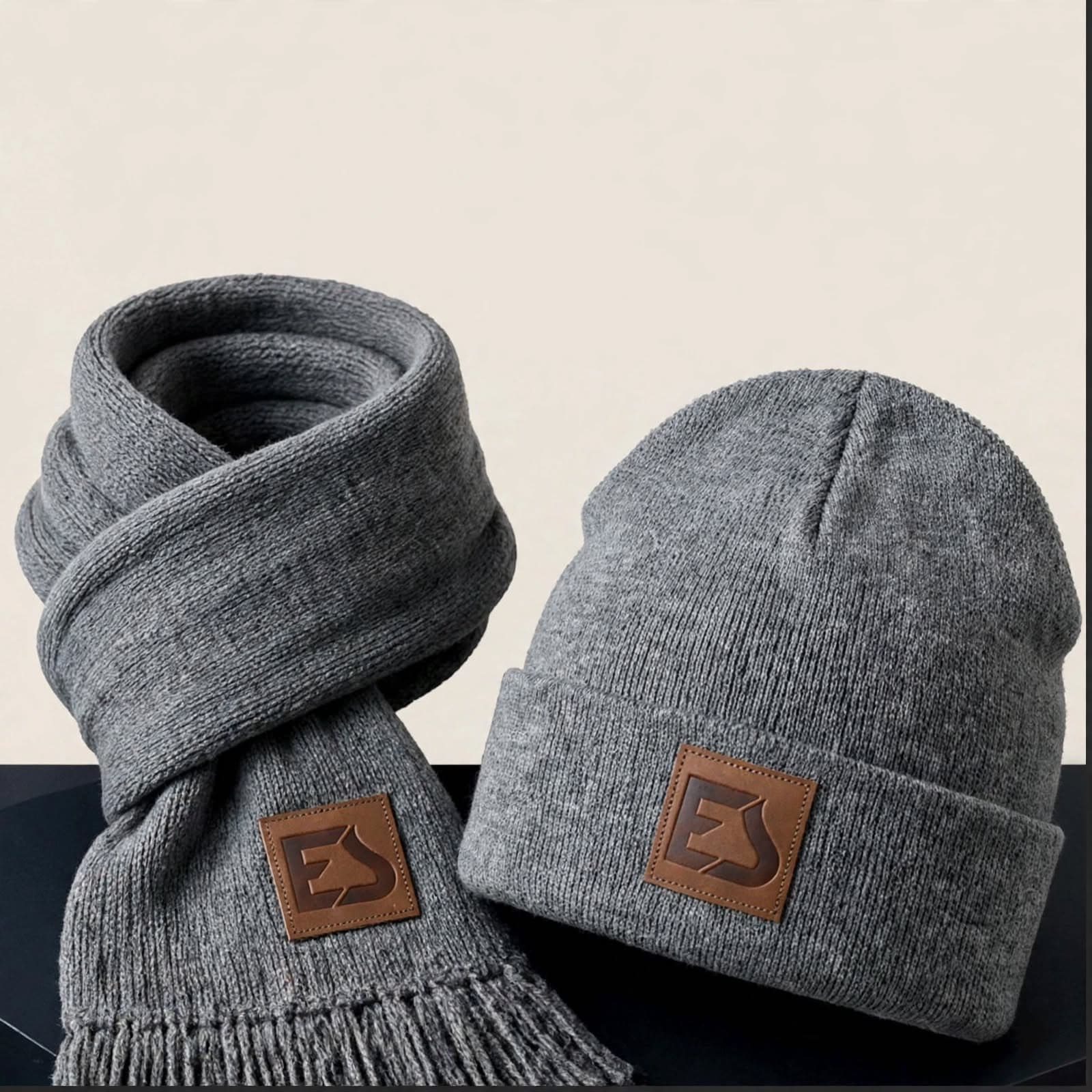 Grey beanie and scarf set with leather labels