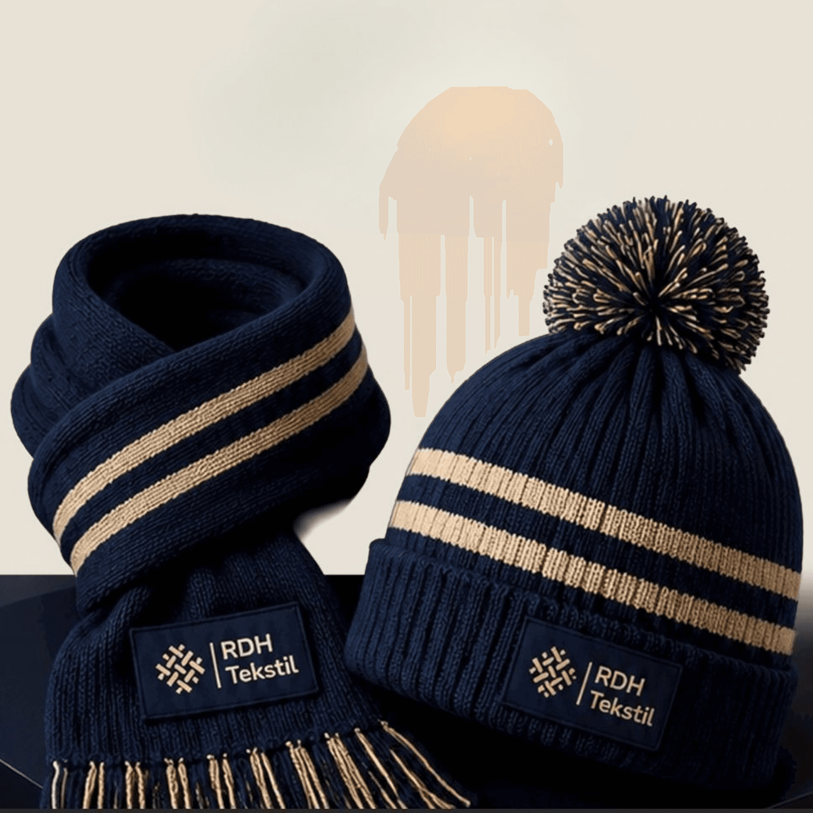 Navy beanie and scarf set with RDH Tekstil labels