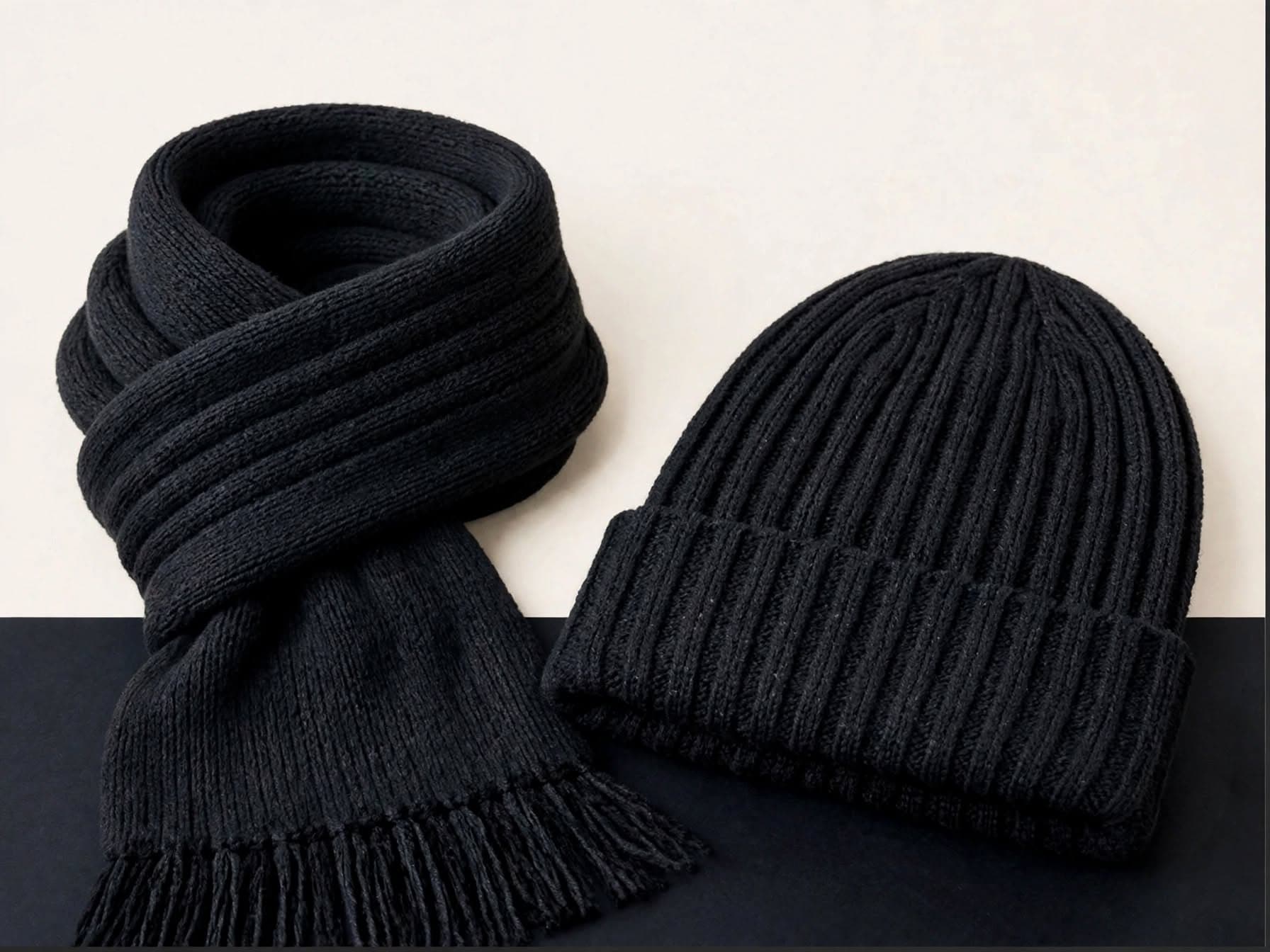 Black ribbed beanie and scarf set