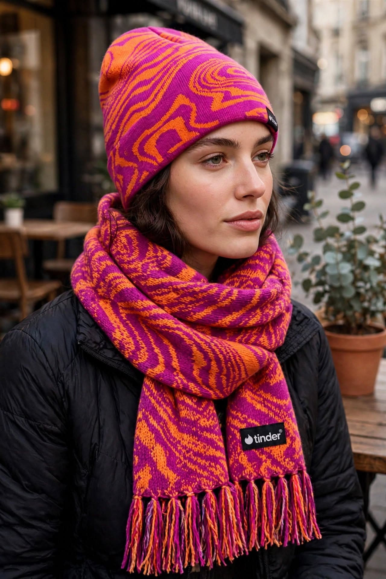 Tinder beanie and scarf set produced in the brand's colours and pattern