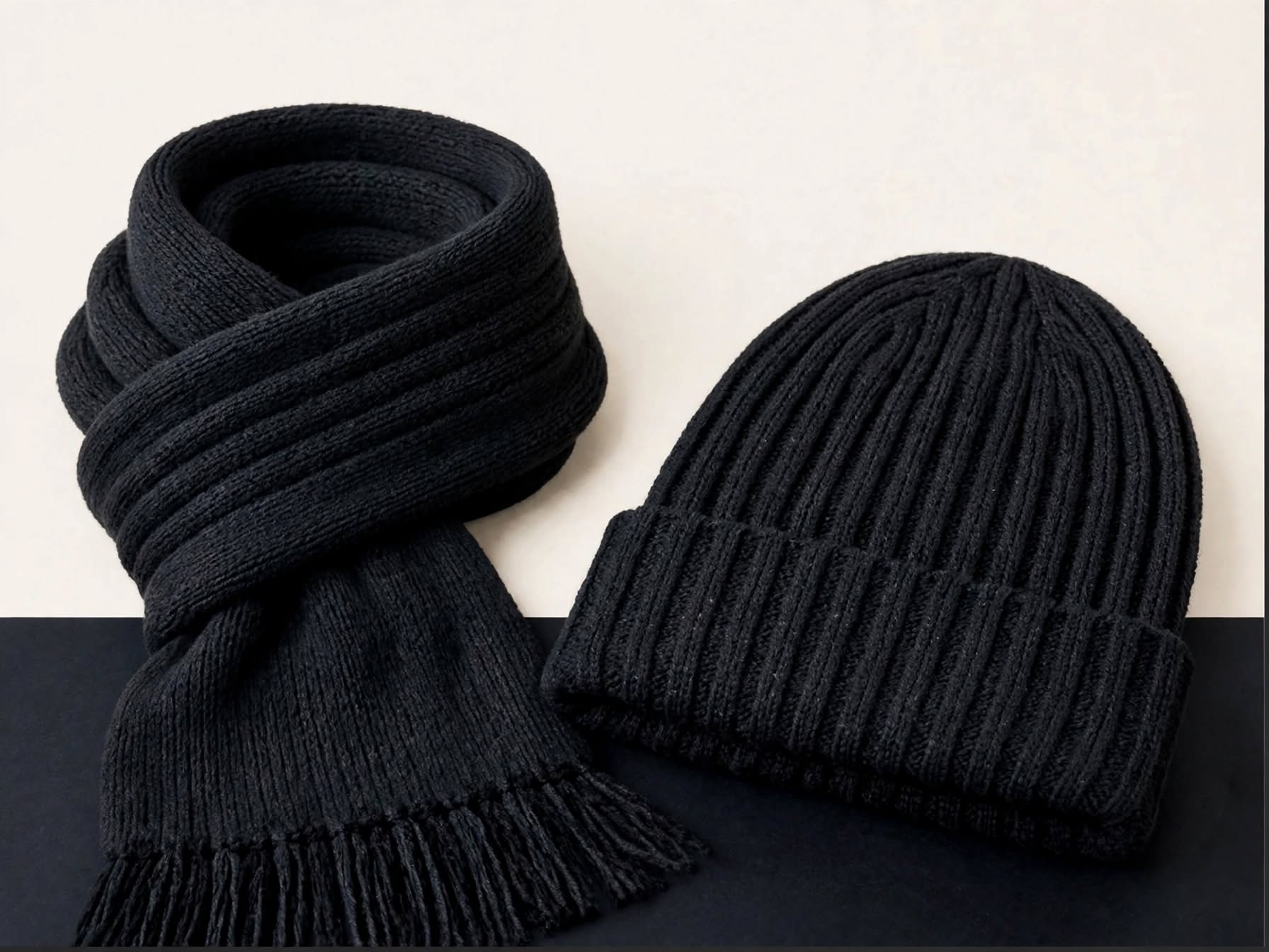 Black ribbed beanie and scarf set